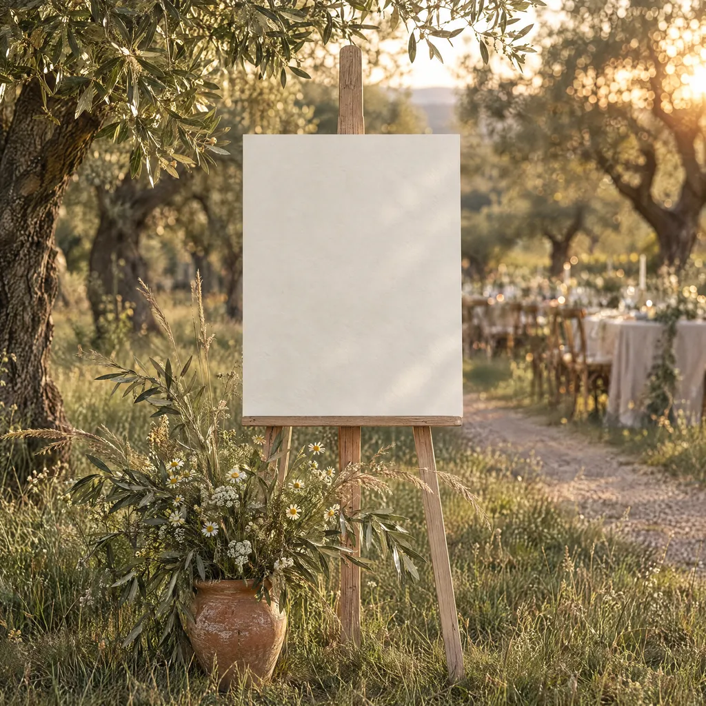 A welcome sign on a wooden easel in an olive orchard at golden hour, long tables beyond