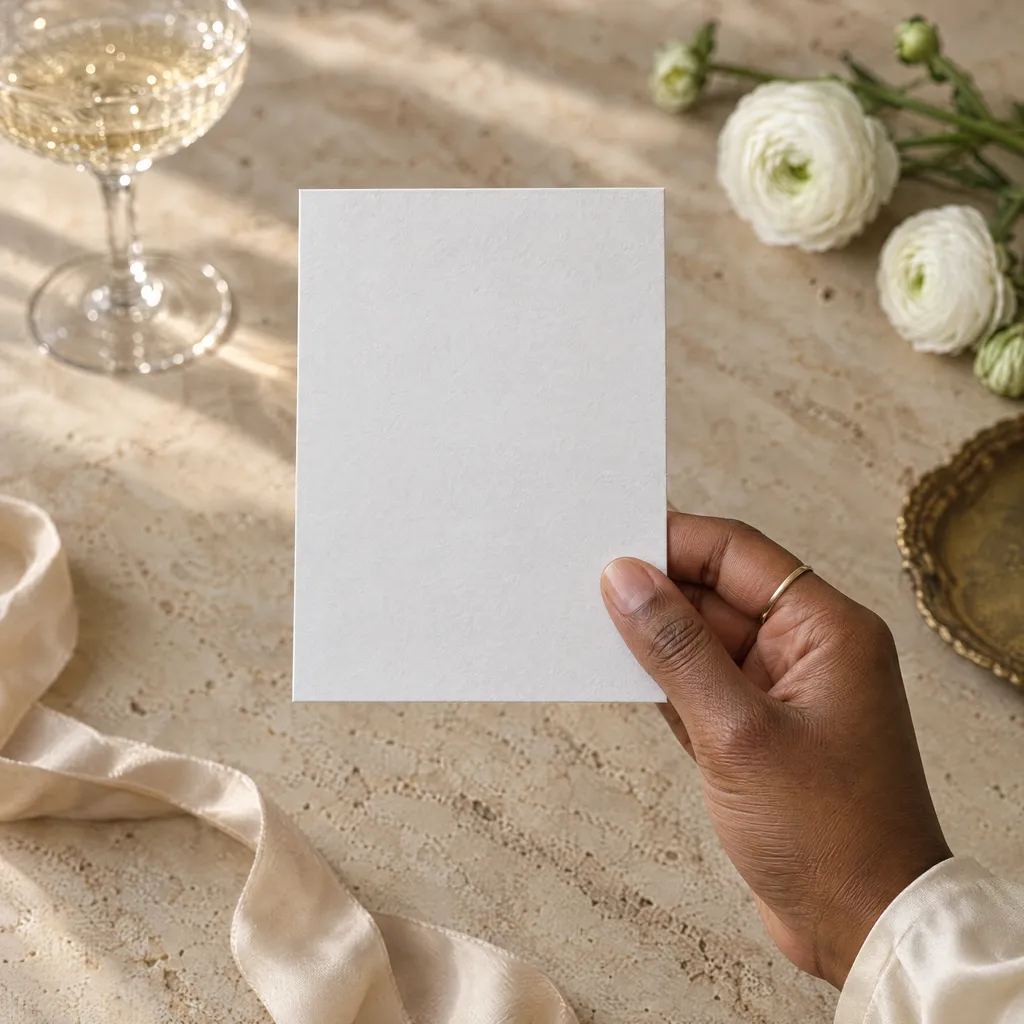 An invitation held in one hand over a travertine table with white ranunculus and a coupe of champagne