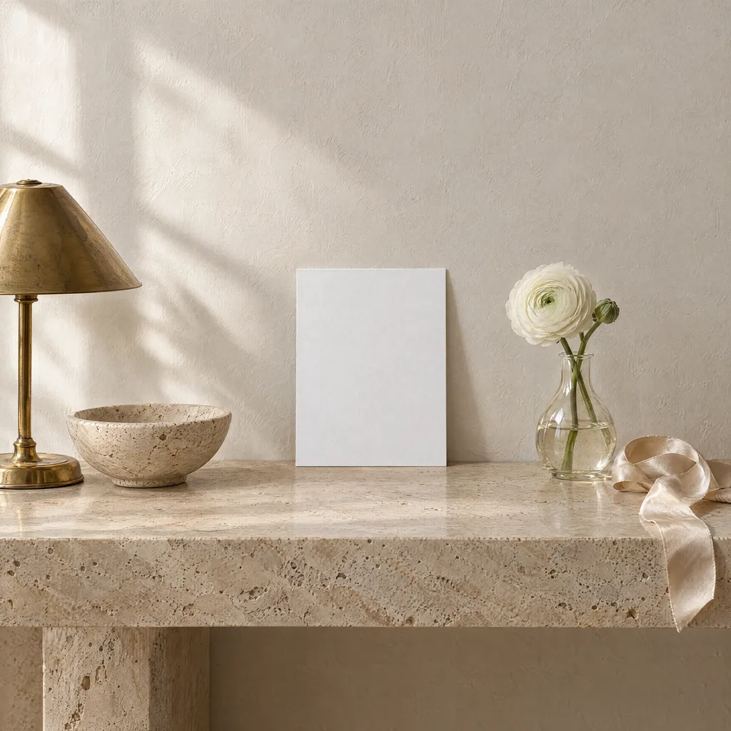 A save the date propped on a travertine console beside a brass lamp and a single ranunculus