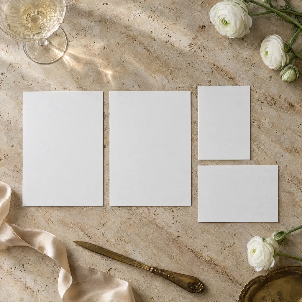 A save the date, an invitation, a details card and a reply card on travertine in window light, with champagne silk, white ranunculus and a brass letter opener
