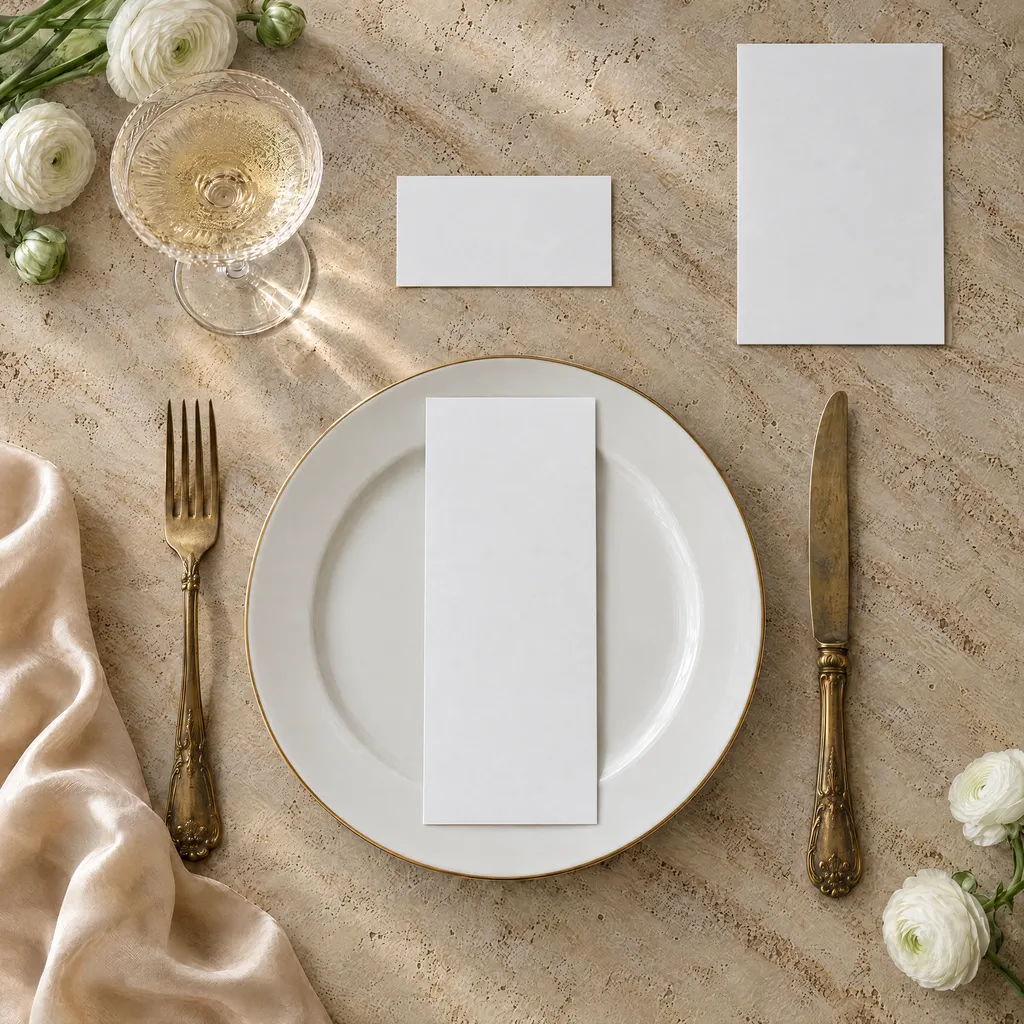 A place setting on travertine: a menu on a gold-rimmed plate, a place card and a table number, brass cutlery and champagne