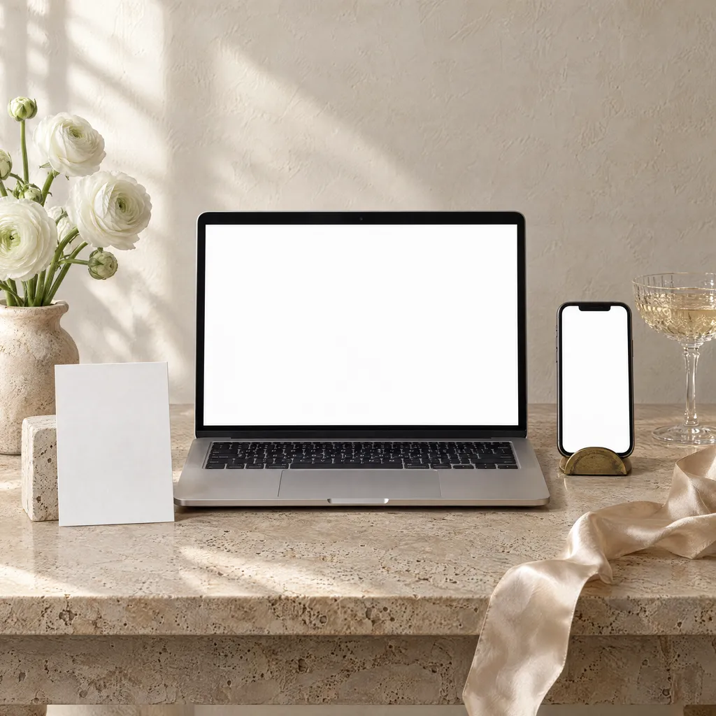 The wedding website on a laptop and a phone on a travertine console, the invitation leaning on a stone block