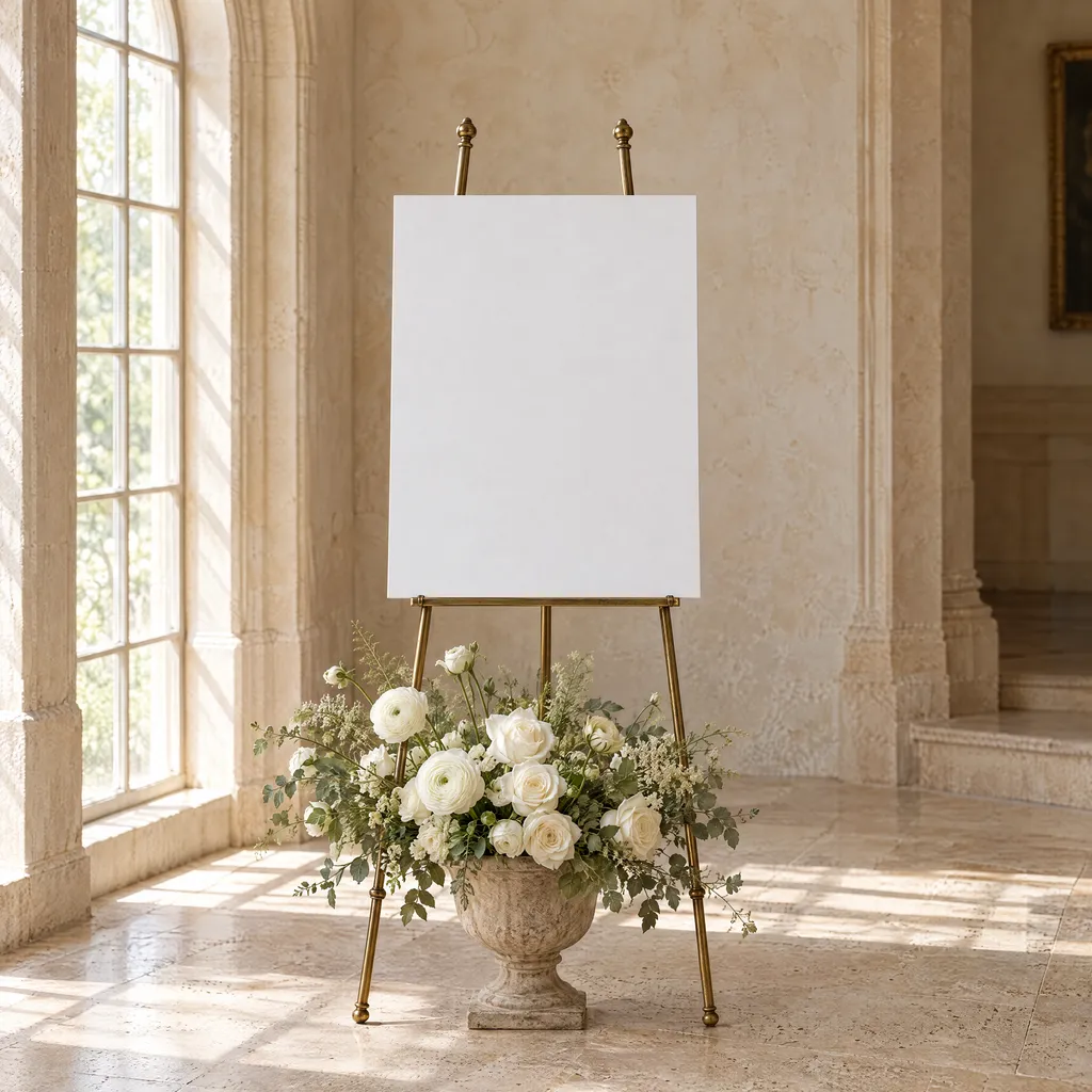 A welcome sign on a brass easel in a sunlit stone foyer, with white ranunculus and roses in a stone urn