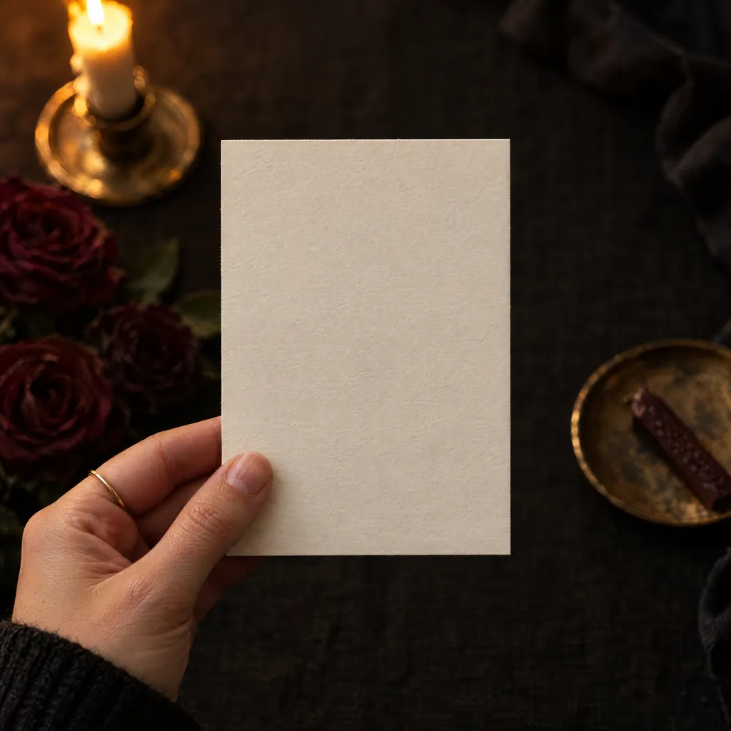 An invitation held in one hand over a candlelit table with dark roses
