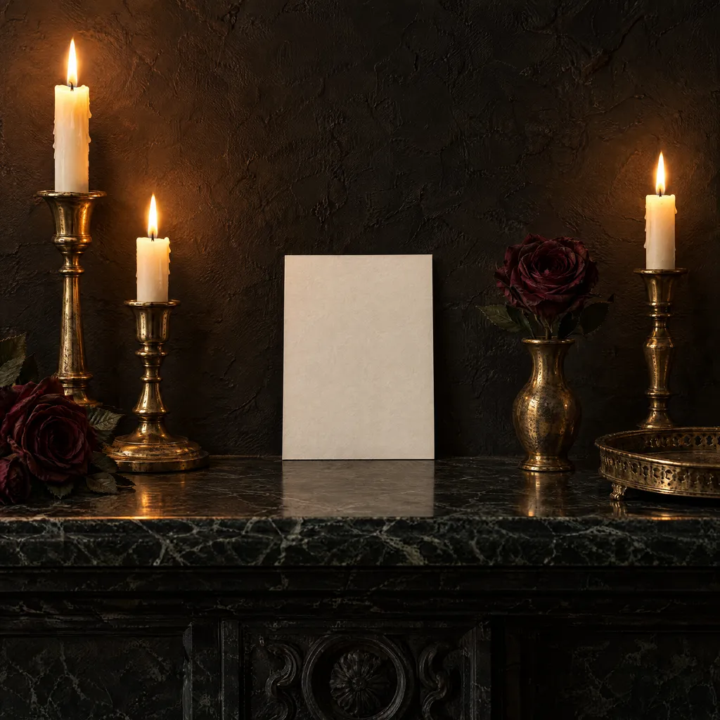 A save the date standing on a dark marble mantel between lit brass candlesticks