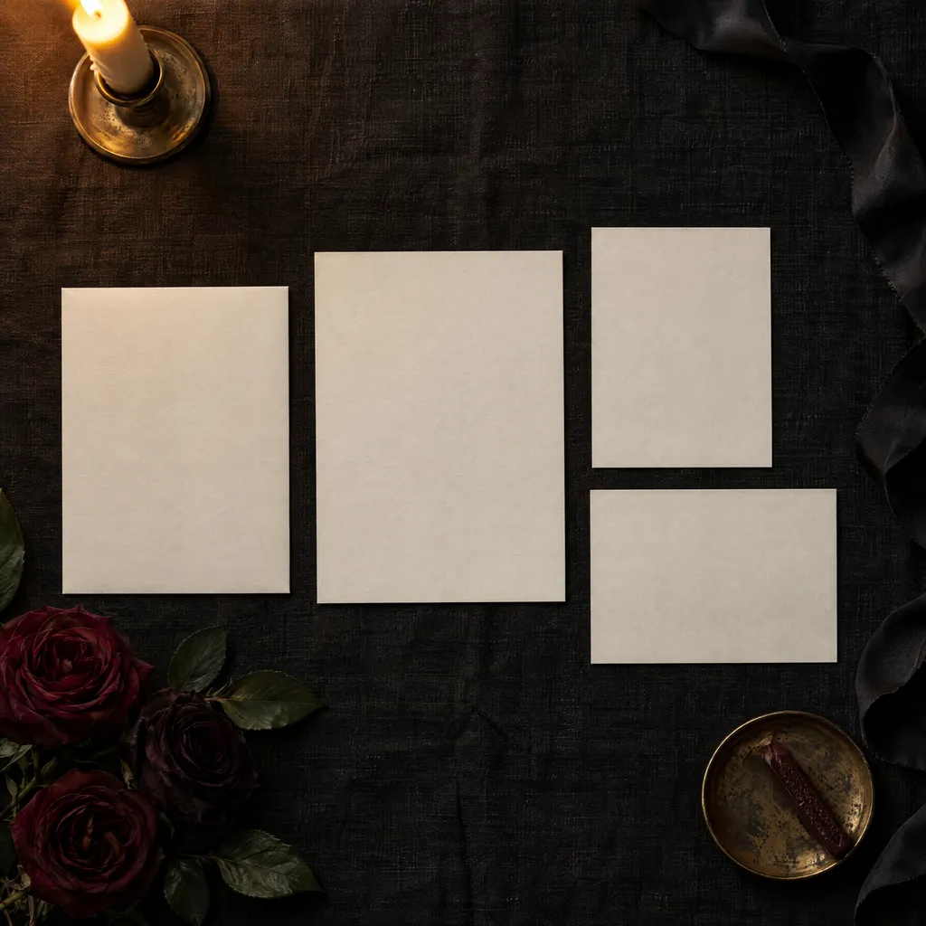 A save the date, an invitation, a details card and a reply card laid out on black linen by candlelight, with dark roses and a brass dish