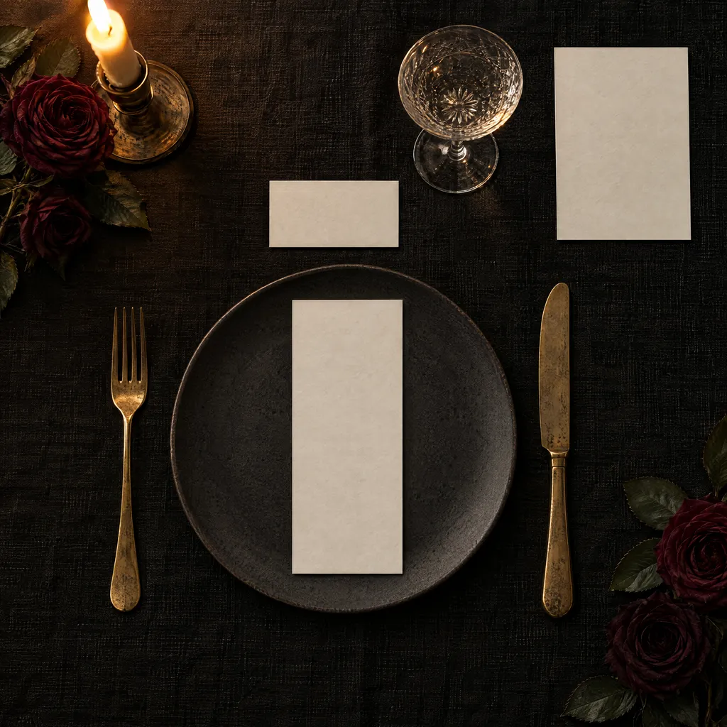 A place setting on black linen: a menu on a charcoal plate, a place card and a table number, brass cutlery and dark roses