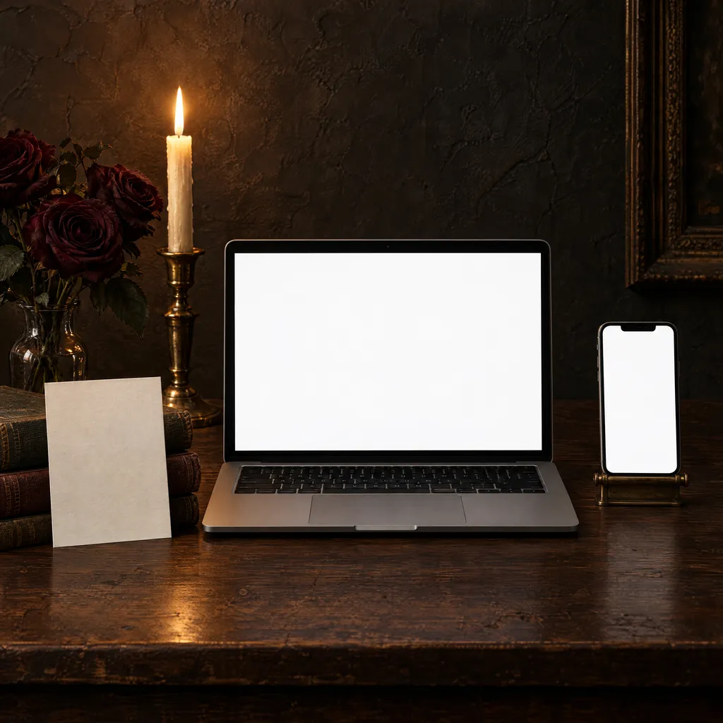 The wedding website open on a laptop and a phone on a walnut table, the invitation leaning on a stack of old books
