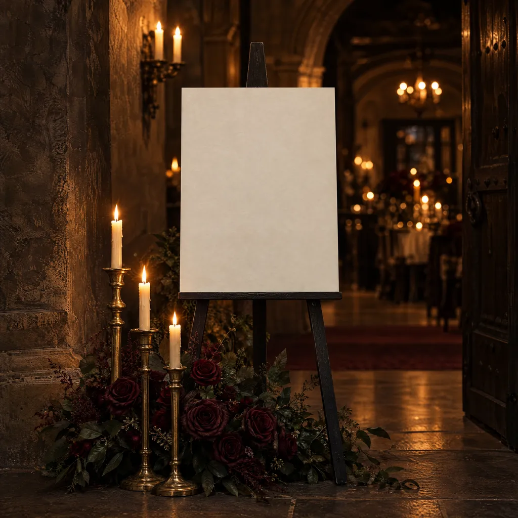 A welcome sign on a black easel at a candlelit stone entrance, dark roses and brass candlesticks at its foot