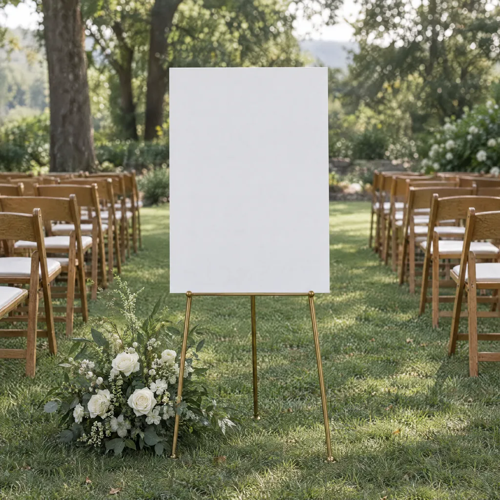 A sign on a brass easel at the start of a garden ceremony aisle, white roses at its foot