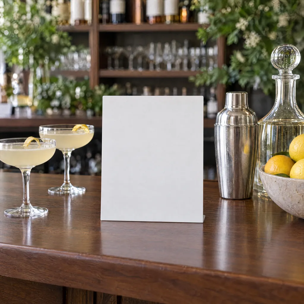 A small sign standing on its own on a walnut bar beside two cocktails, a shaker, a glass decanter and a bowl of lemons