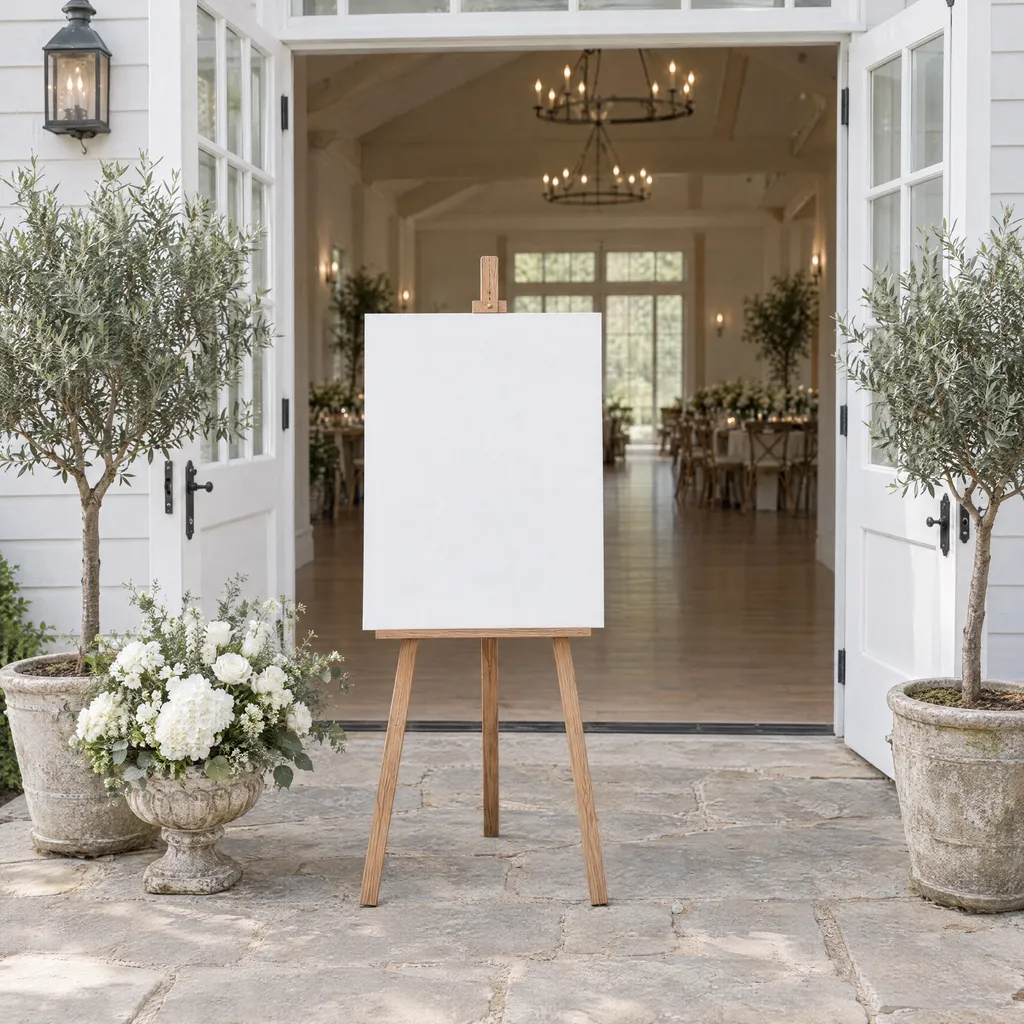A welcome sign on an oak easel outside the open doors of a white country venue, olive trees in stone pots either side