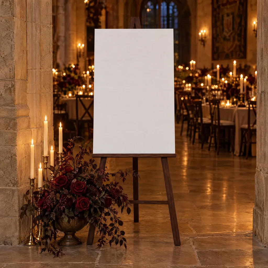 A seating chart on a walnut easel at a candlelit reception in a stone hall, deep red roses at its foot