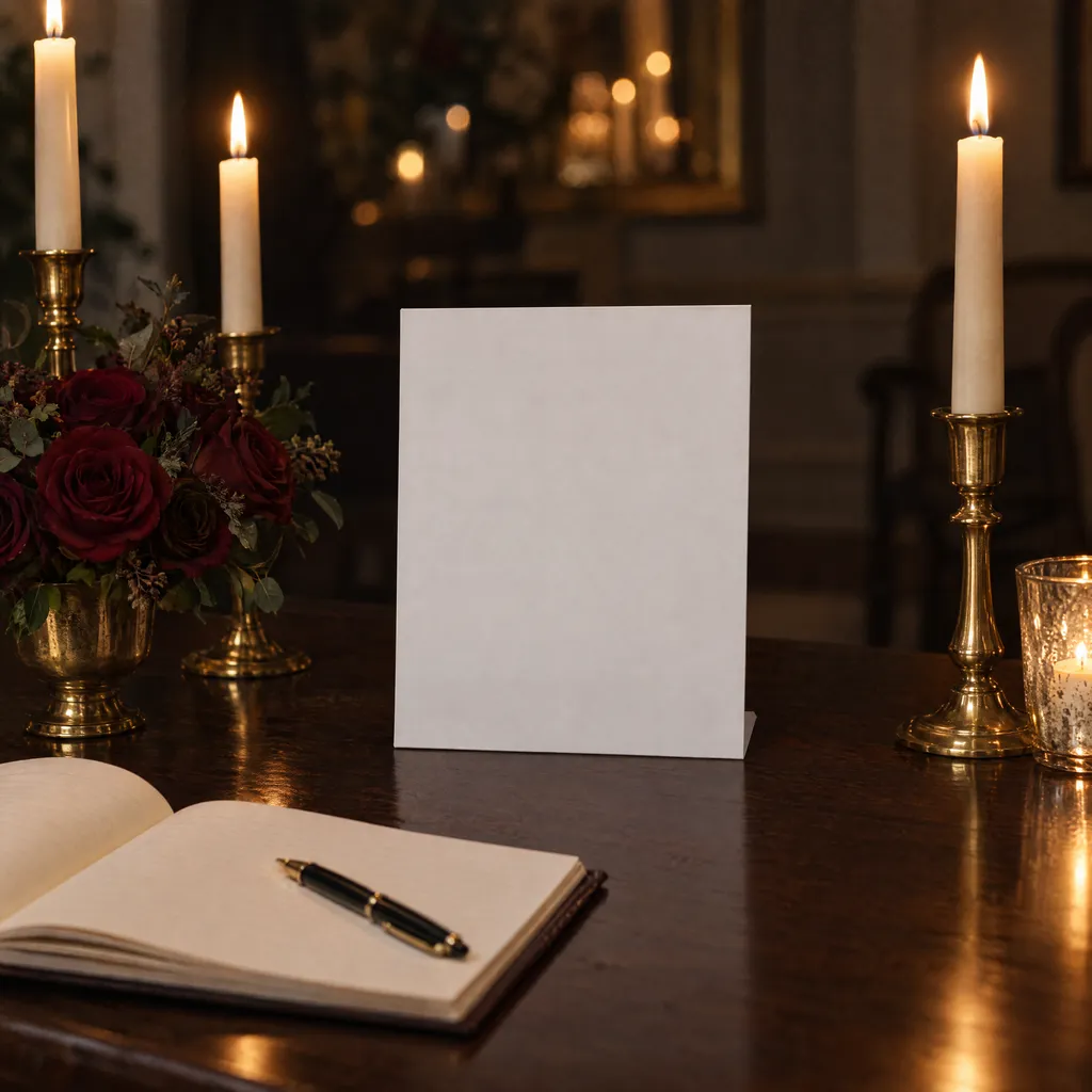 A small sign standing on its own on a dark wooden table beside an open guest book, taper candles and dark red roses
