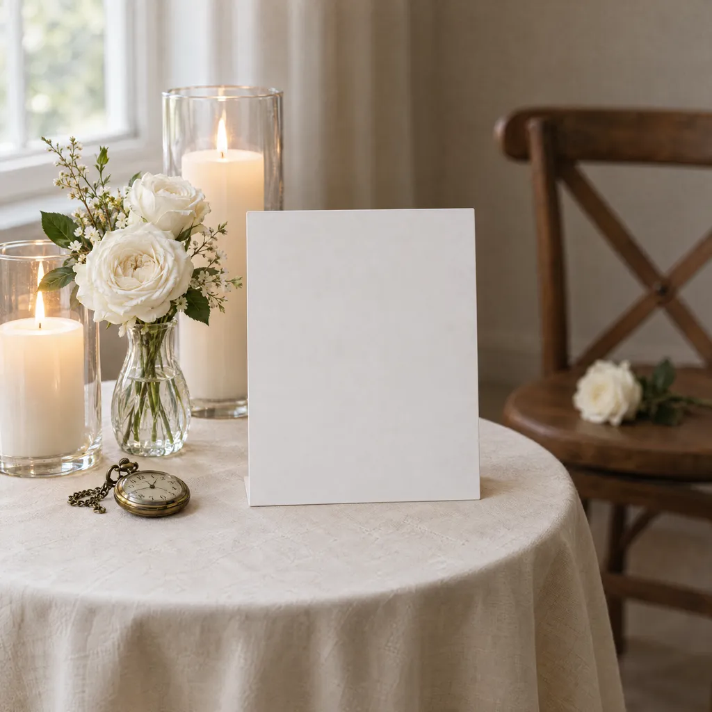 A small sign standing on its own on a round table set apart for remembering, pillar candles, white garden roses and a brass pocket watch beside it
