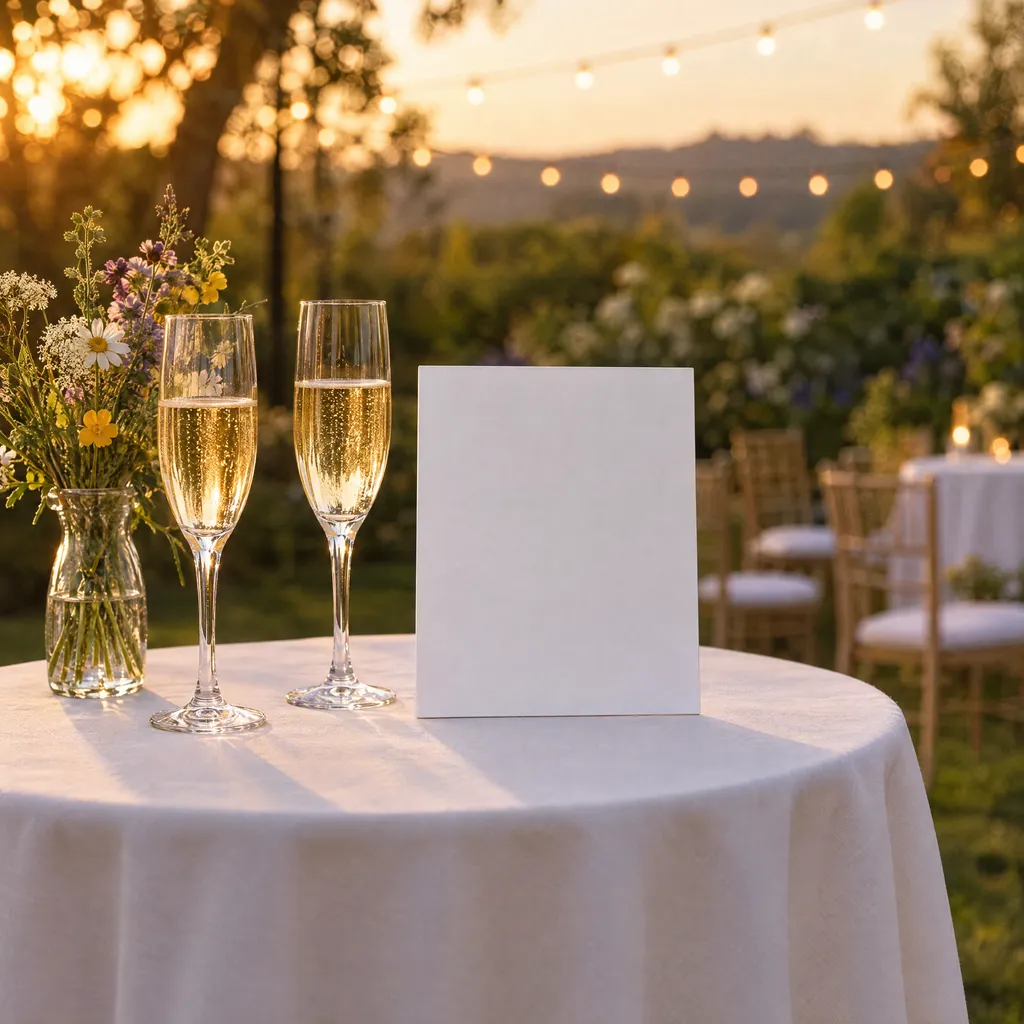 A small sign standing on its own on a cocktail table in white linen at golden hour, champagne flutes and wildflowers beside it, string lights behind