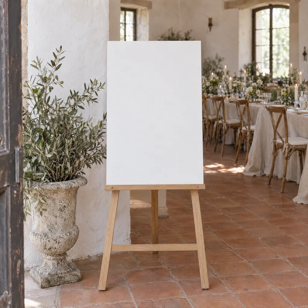 A seating chart on an oak easel inside the door of a sunlit reception, beside a stone urn of olive branches