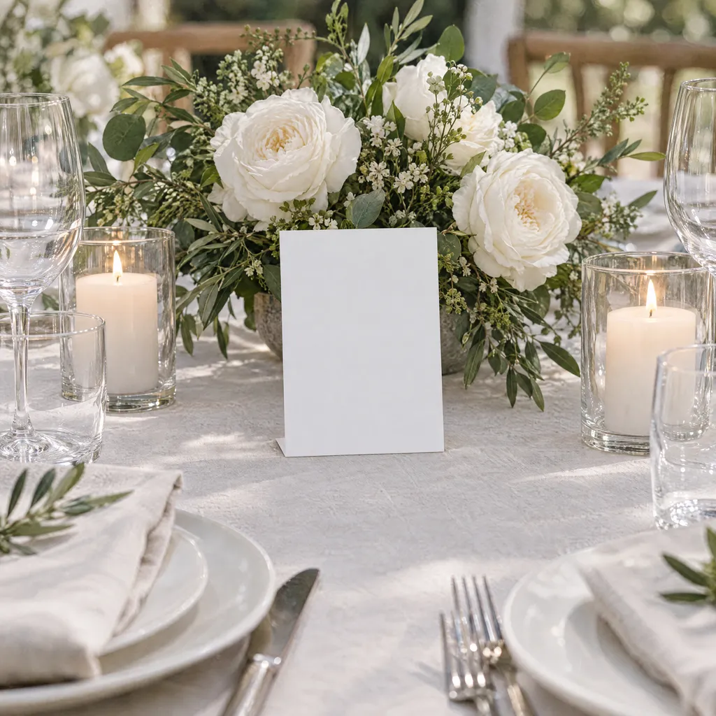 A table number standing on its own on a white-clothed table among white roses, candles and glassware