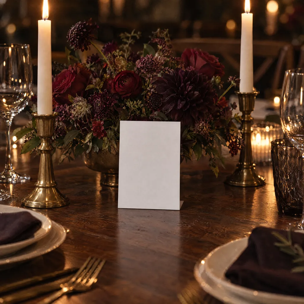 A table number standing on its own on a dark wooden table by candlelight, dark red flowers and brass candlesticks behind