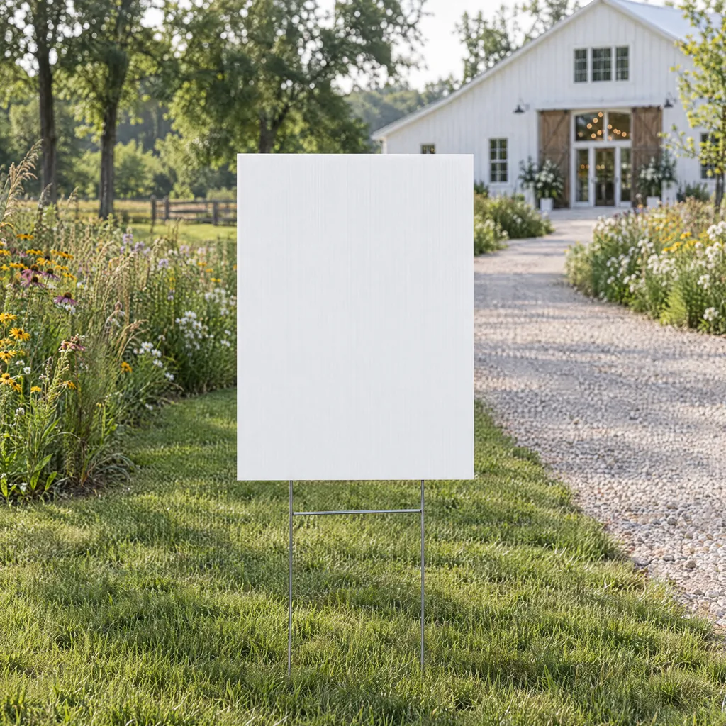 A sign staked in the grass beside a gravel path to a white barn, wildflowers along the way