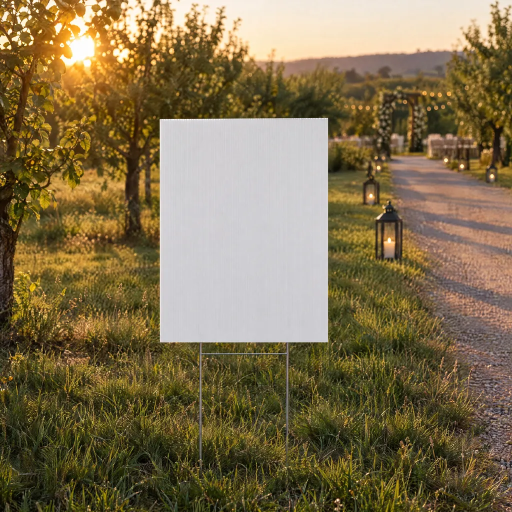 A sign staked in the grass of an orchard at sunset, lanterns along a gravel drive