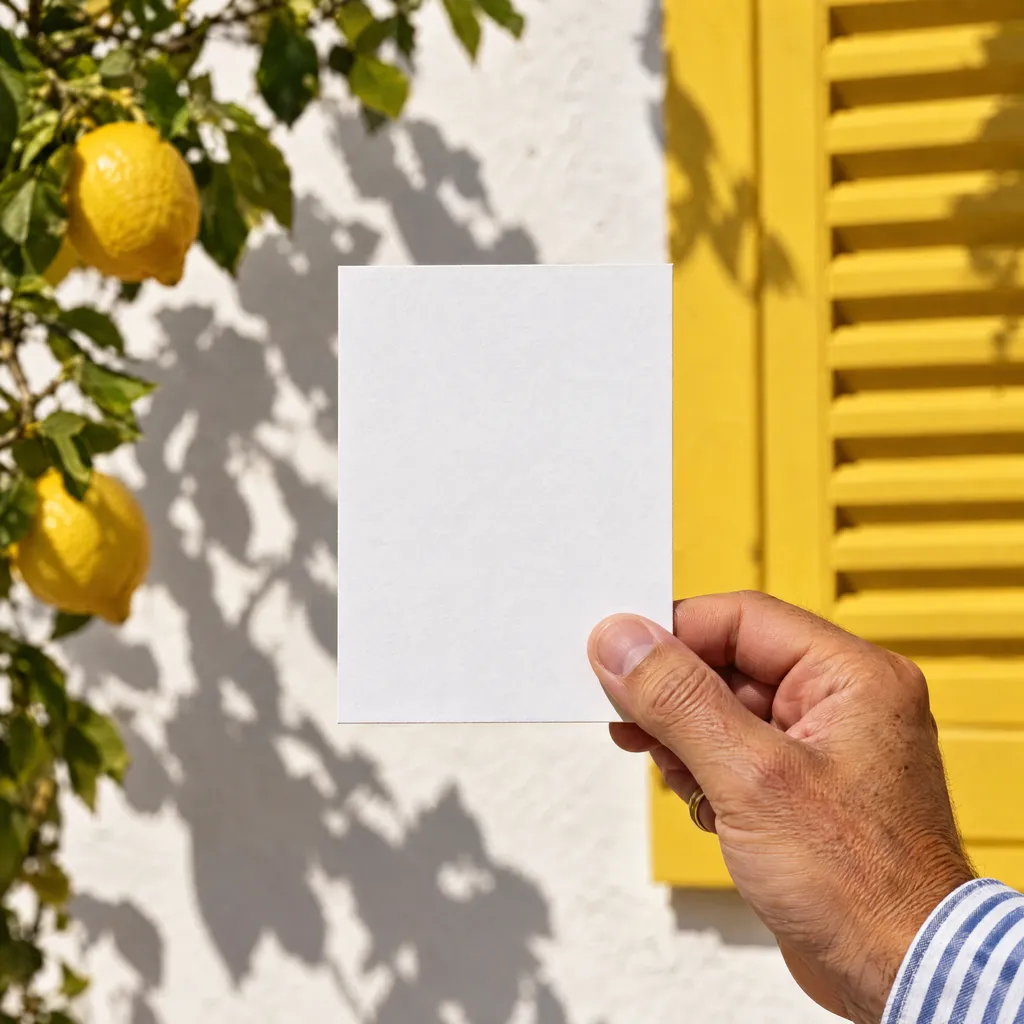 An invitation held in one hand against a sunlit white wall with a yellow shutter and a lemon tree