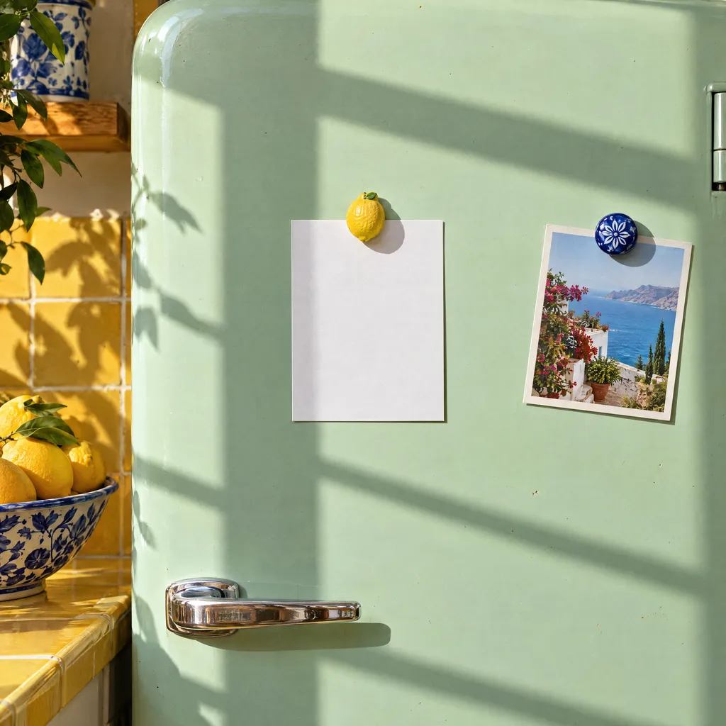 A save the date held to a mint green fridge by a lemon magnet, beside a postcard of the sea