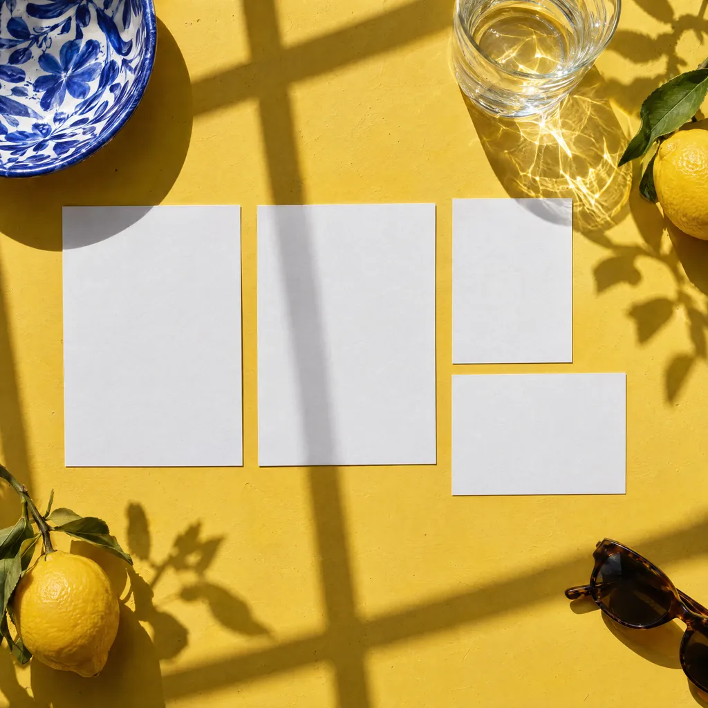 A save the date, an invitation, a details card and a reply card on a butter yellow table in hard sun, with lemons, a cobalt dish and sunglasses