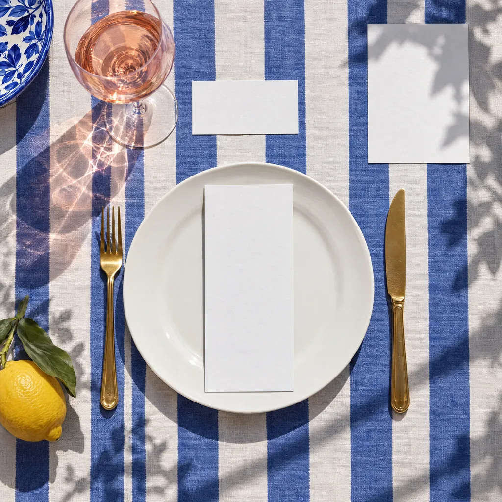 A place setting on blue and white striped linen in hard sun: a menu on a white plate, a place card, a table number and a glass of rose