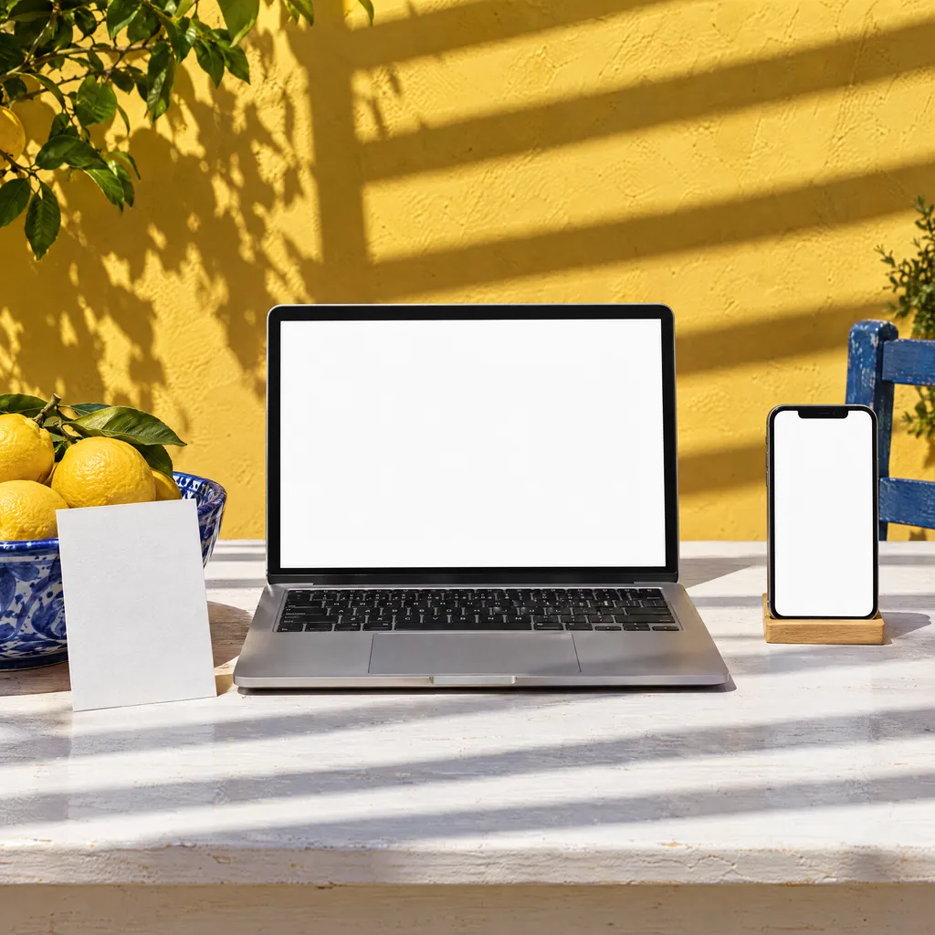 The wedding website on a laptop and a phone on a white terrace table against a yellow wall, the invitation leaning on a bowl of lemons