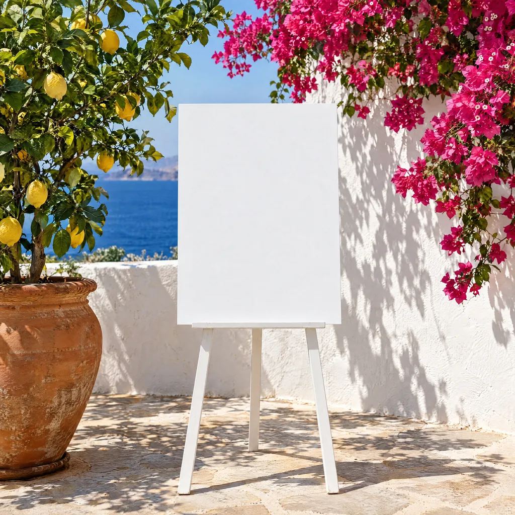 A welcome sign on a white easel on a sunlit seaside terrace, with bougainvillea and a lemon tree