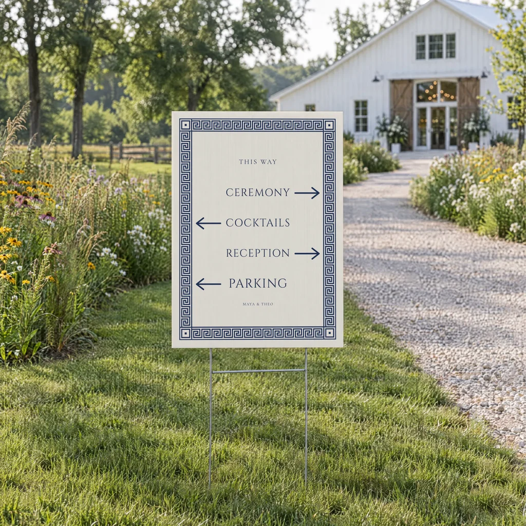 A sign staked in the grass beside a gravel path to a white barn, wildflowers along the way