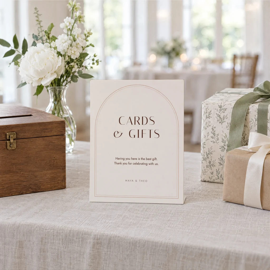 A small sign standing on its own on a linen gift table, a wooden card box and wrapped presents beside it