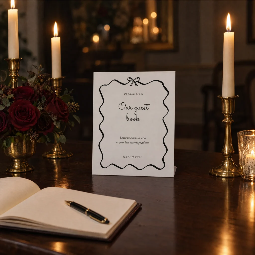 A small sign standing on its own on a dark wooden table beside an open guest book, taper candles and dark red roses