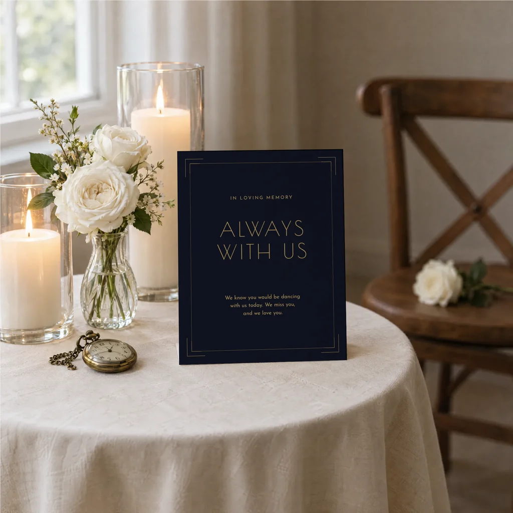 A small sign standing on its own on a round table set apart for remembering, pillar candles, white garden roses and a brass pocket watch beside it