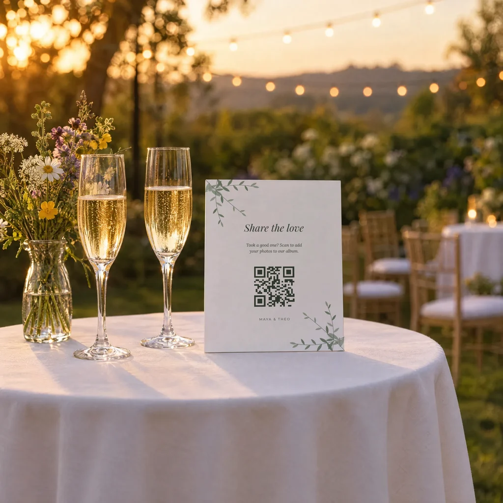A small sign standing on its own on a cocktail table in white linen at golden hour, champagne flutes and wildflowers beside it, string lights behind