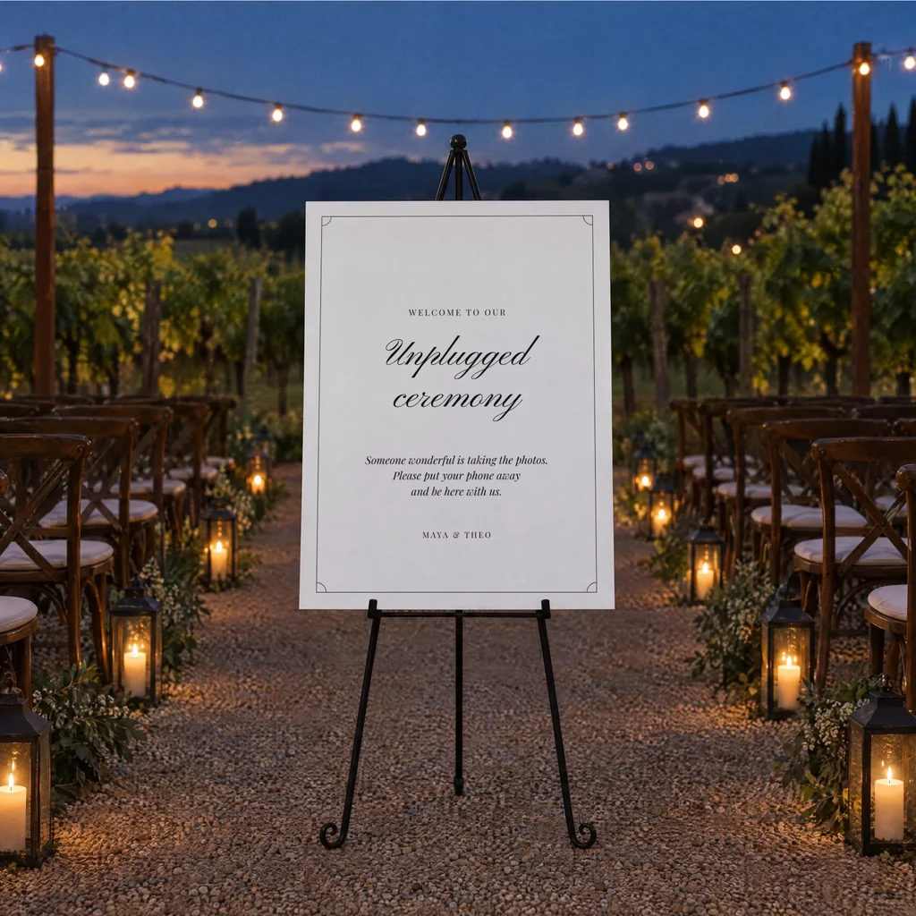 A sign on a black iron easel at the head of a vineyard ceremony aisle at dusk, string lights overhead and lanterns along the rows