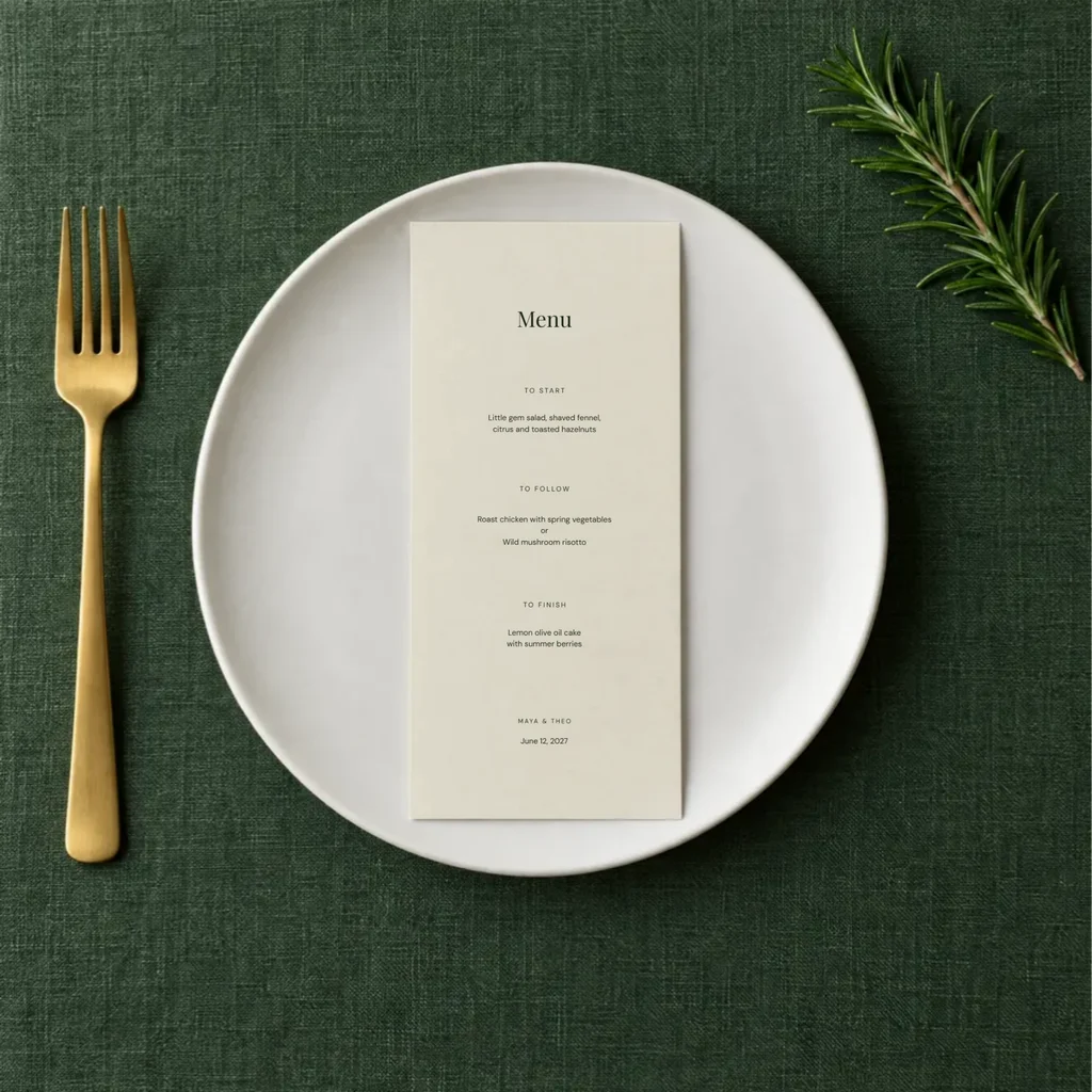 A menu on a white plate on a sage green tablecloth with a gold fork