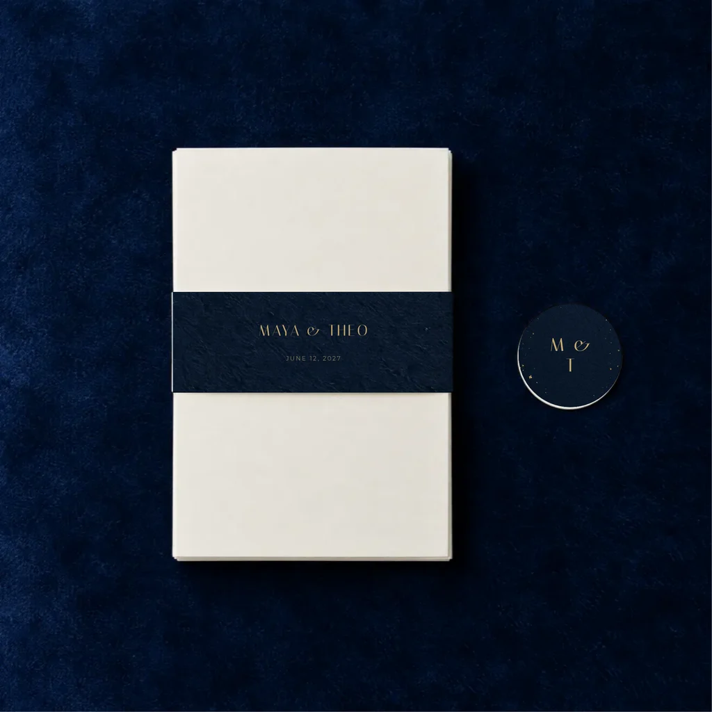 A stack of cards wrapped in a printed belly band beside a round sticker seal on navy velvet