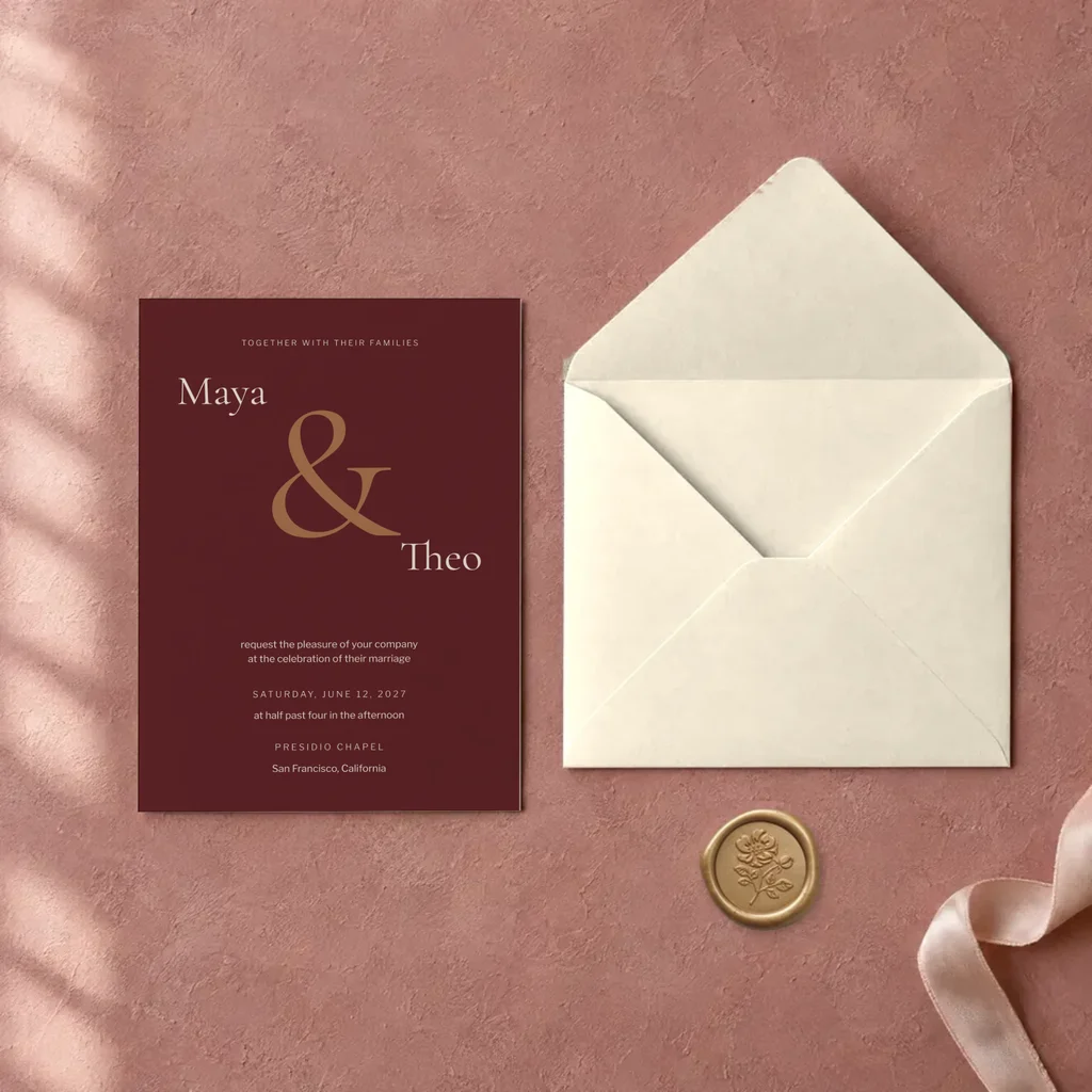 An invitation on pink plaster beside an ecru envelope and an antique gold wax seal