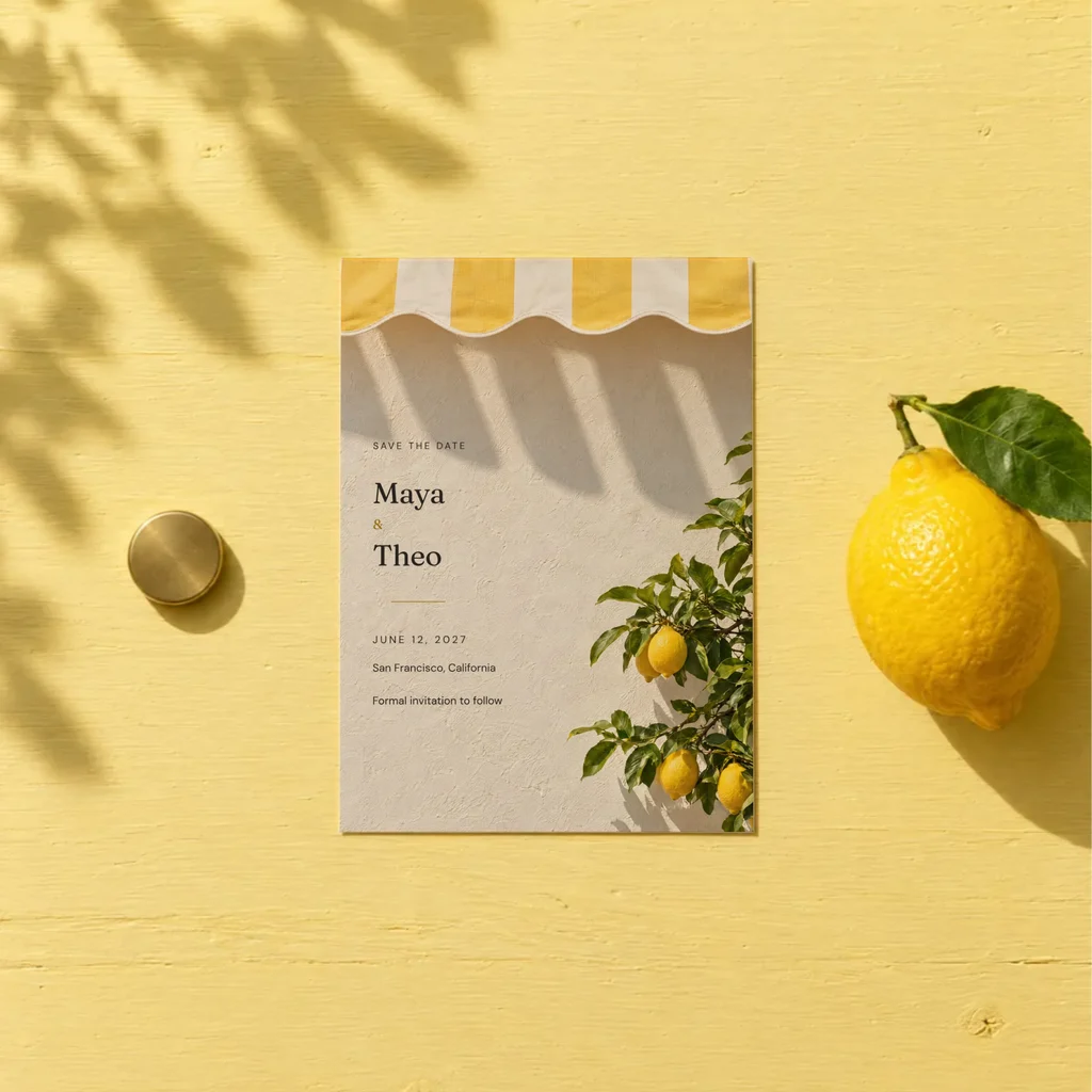 A save the date on a butter yellow table beside a lemon and a brass magnet