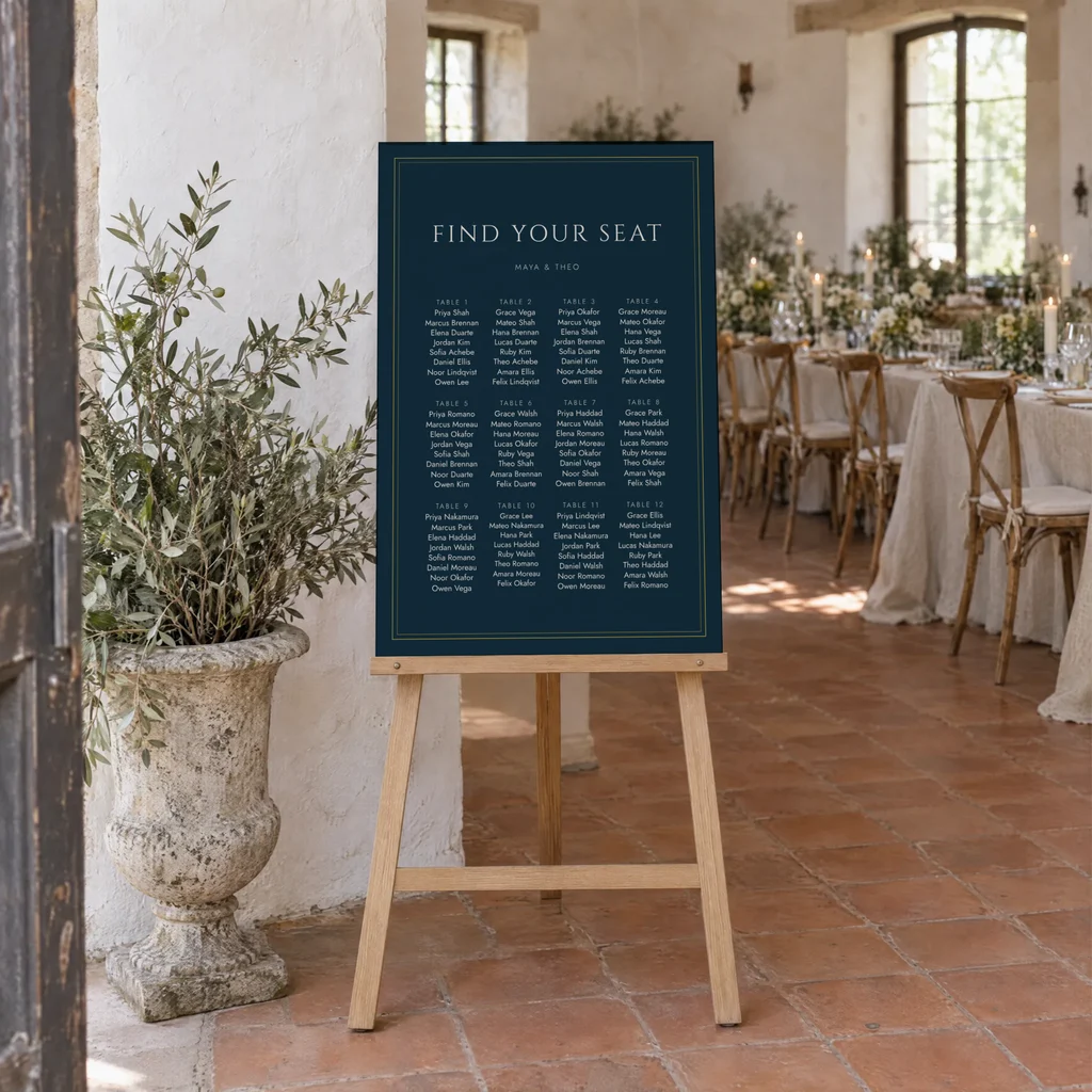 A seating chart on an oak easel inside the door of a sunlit reception, beside a stone urn of olive branches