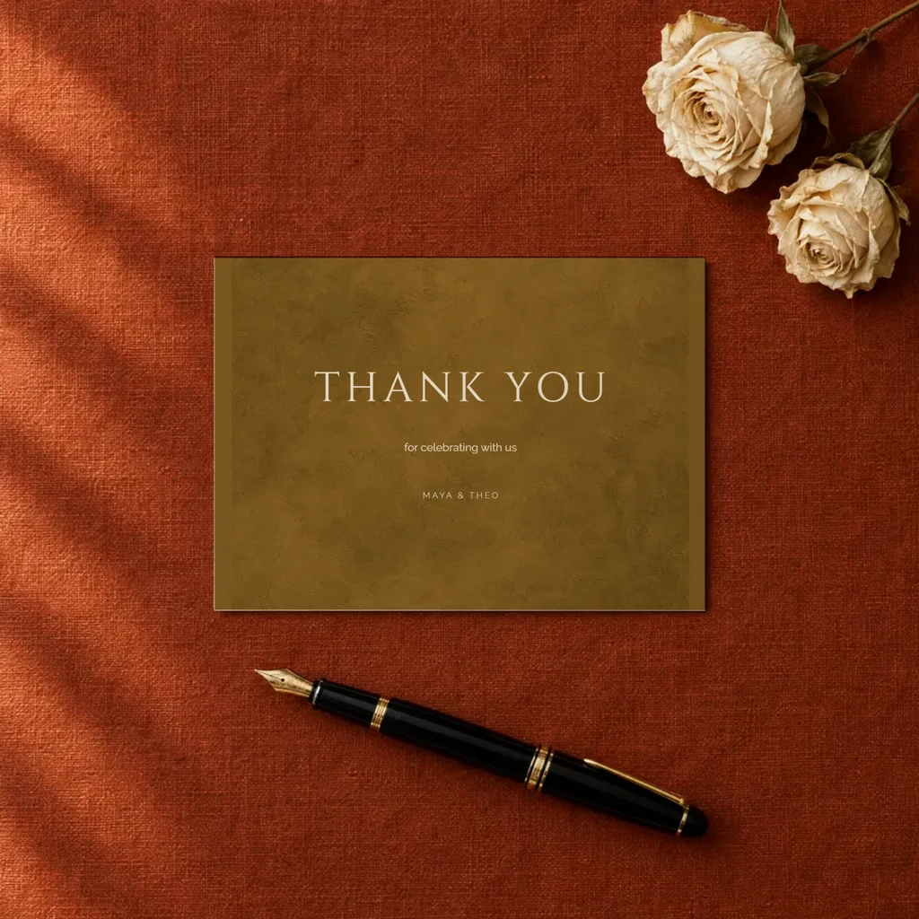 A thank-you card on terracotta linen with a fountain pen and dried roses